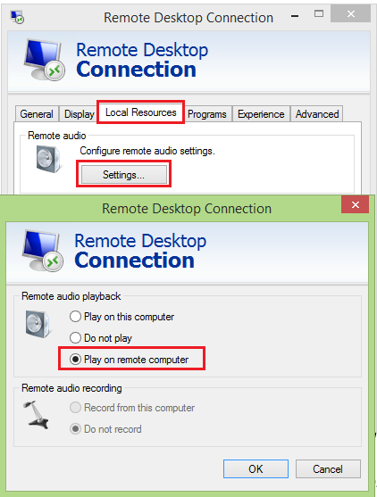 Remote Desktop Connection Audio Playback in Settings